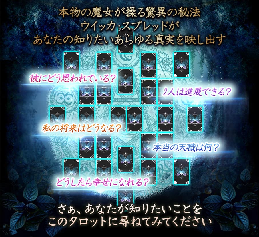 本物の魔女が操る驚異の秘宝ウィッカ・スプレッドがあなたの知りたいあらゆる真実を映し出す さぁ、あなたが知りたいことをこのタロットに尋ねてみてください